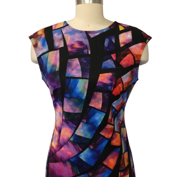 Joseph Ribkoff Stained Glass Sheath Dress Size 8 Cap Sleeve Knee Length Career - Picture 2 of 8
